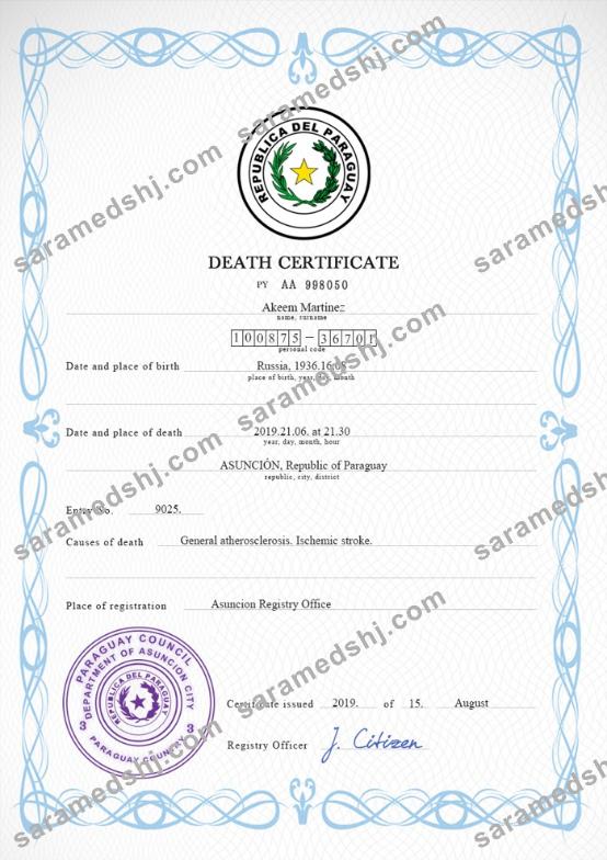 Paraguay vital record death certificate PSD template
